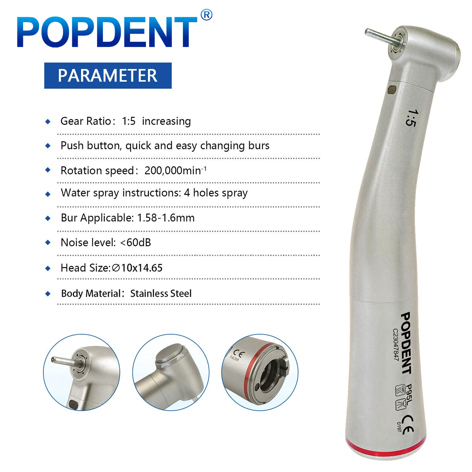 Dental Electric Handpiece 1:5 1:4.2 Contra Angle 45 Degree Surgical Fiber Optic