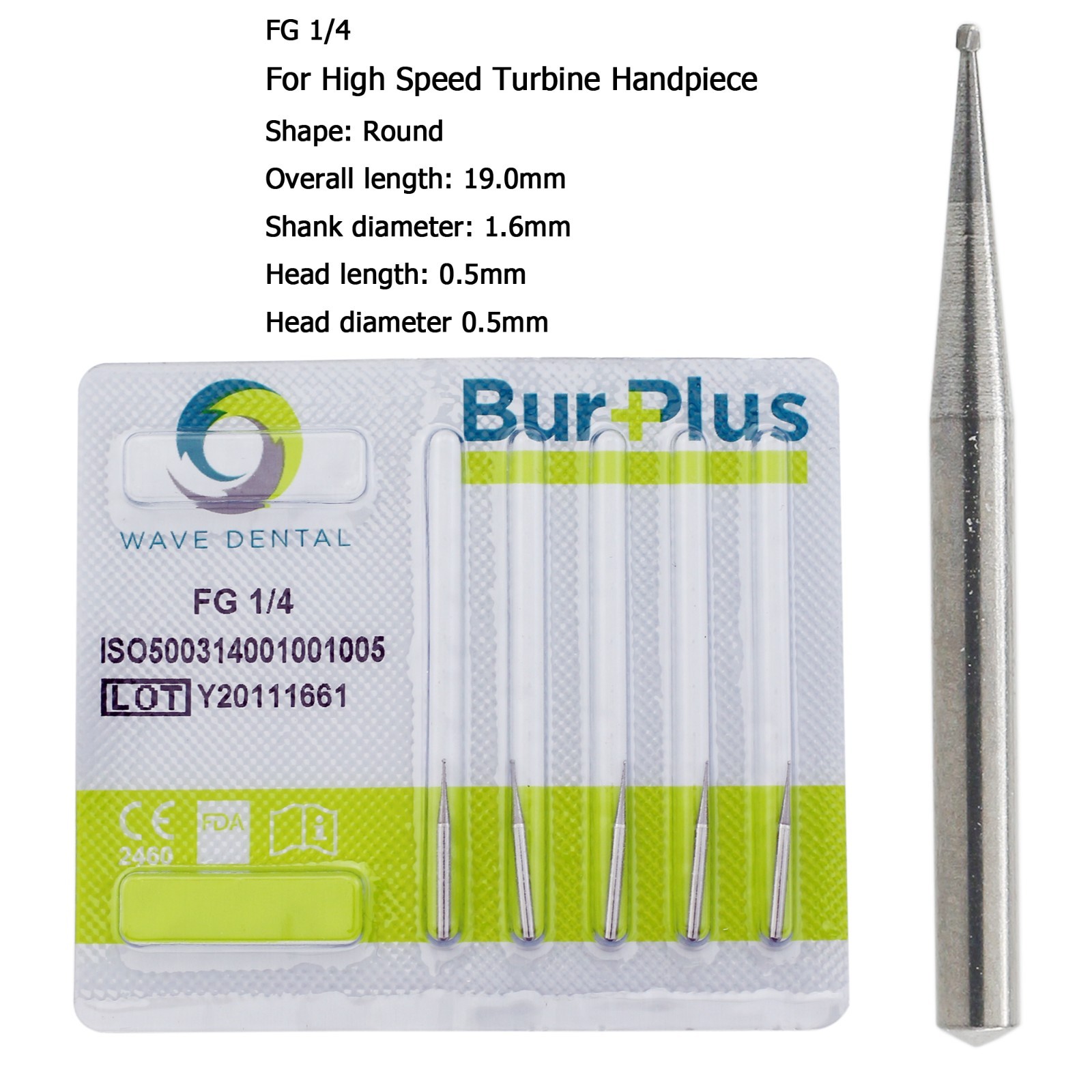 Wave Dental Round Burs FG 1/4 Carbide Burs High Speed Friction Crip Midwest 19mm