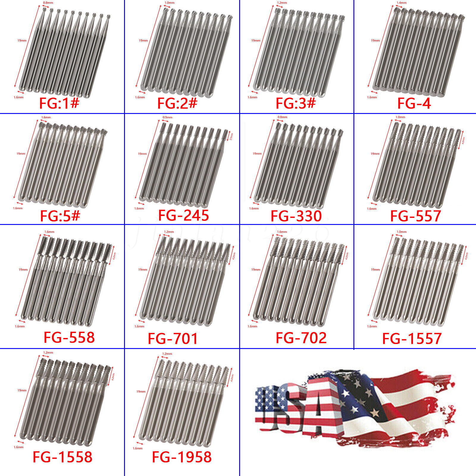 10-100 PCS Dental Carbide Tungsten Steel Burs FG For High Speed Handpiece