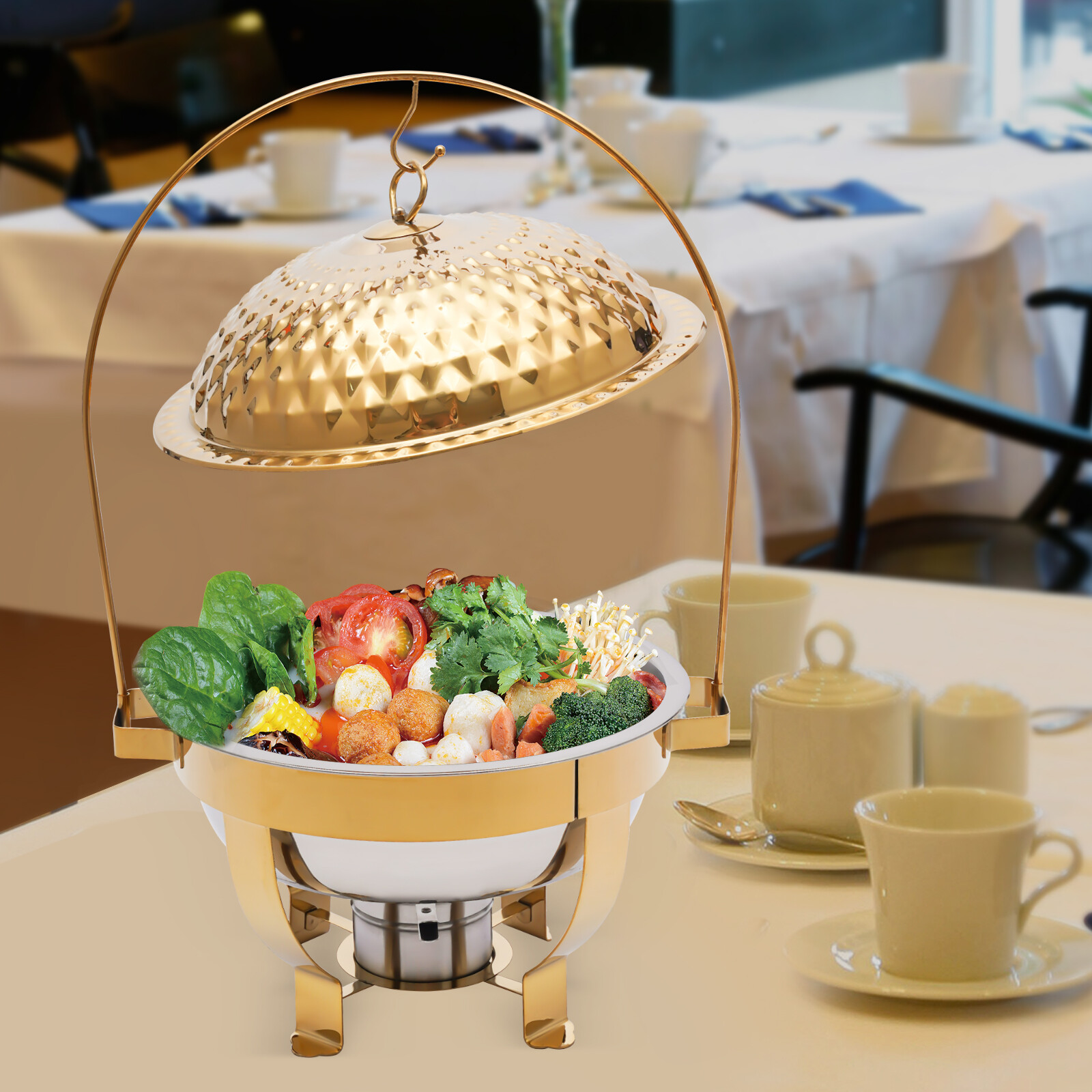 4.5L Round Stainless Steel Chafing Dish Sets Gold Accent Buffet Set&Warming Tray