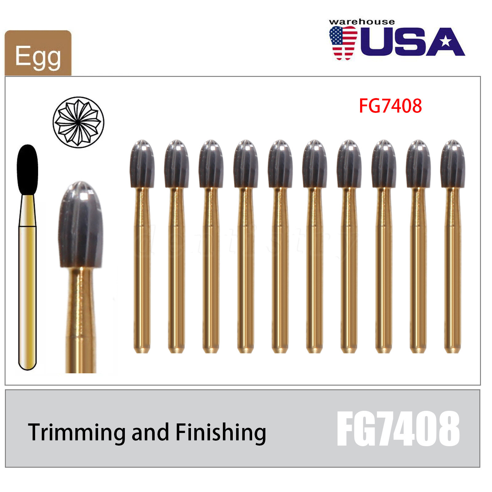 SANDENT Dental Tungsten Carbide Burs Trimming & Finishing Egg Football FG-7408