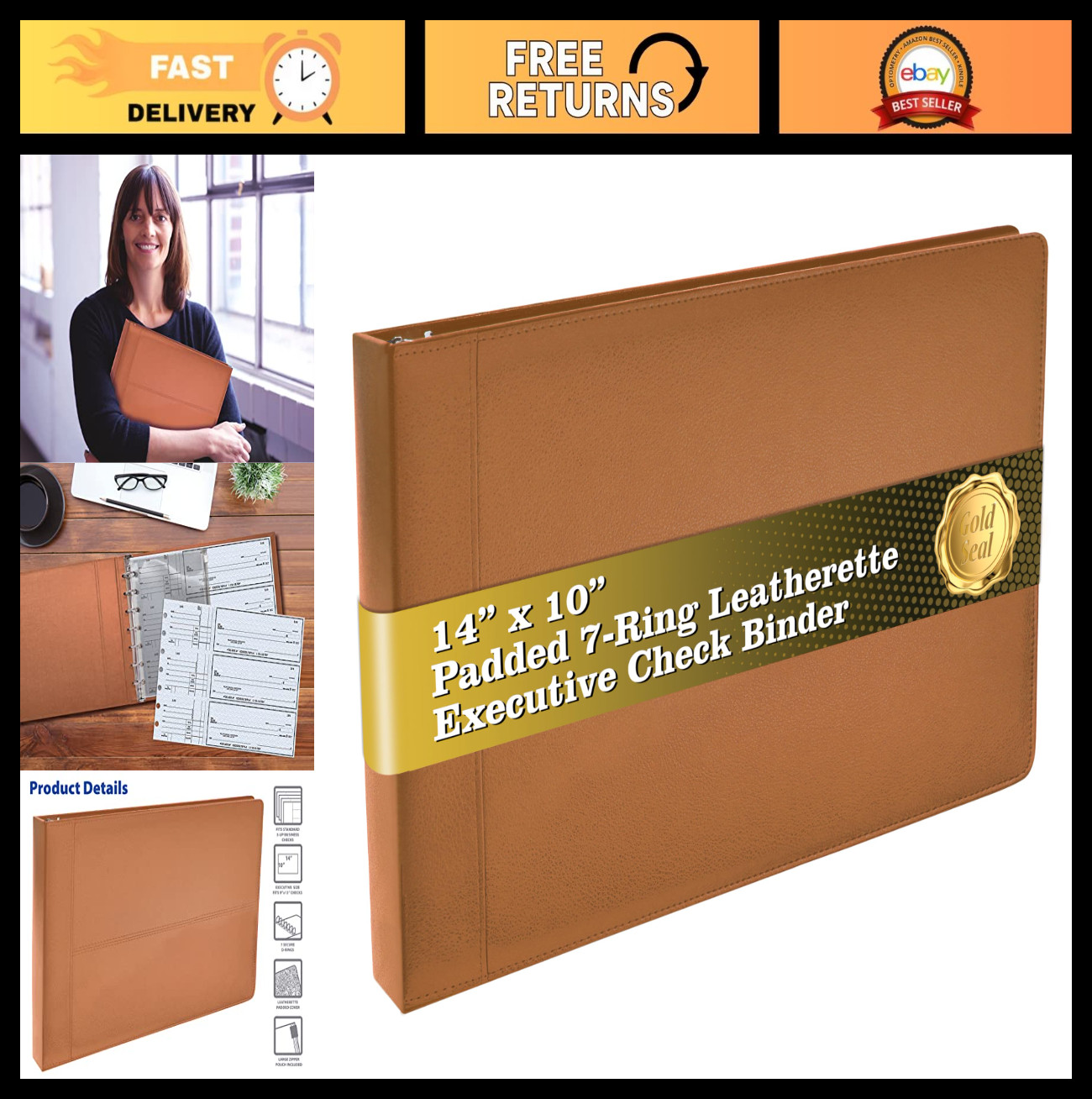 Executive Check Binder with Zipper Pouch, Premium Leatherette, 600 Check Capacit