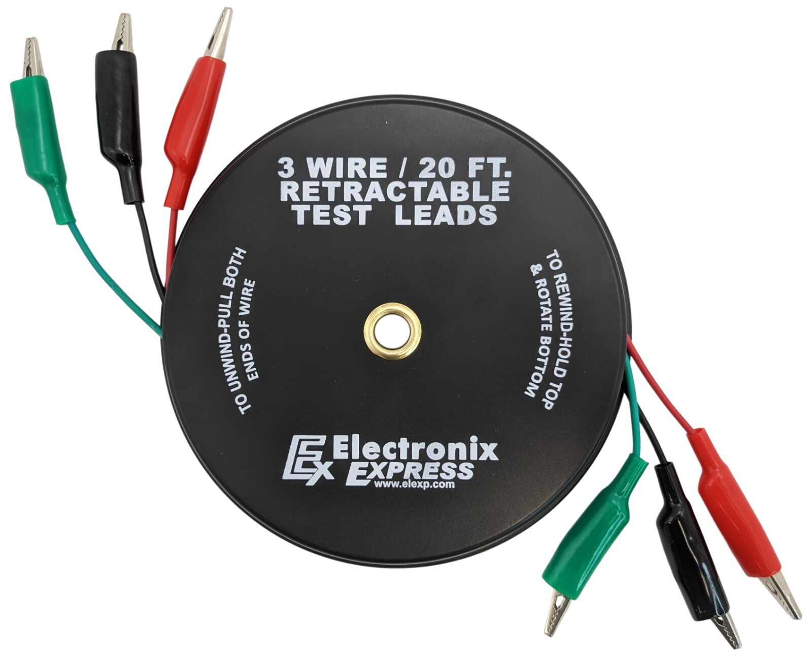 3 Wire 20 Foot Retractable Test Leads, Red/Black/Green Alligator Clips, 18 Gauge