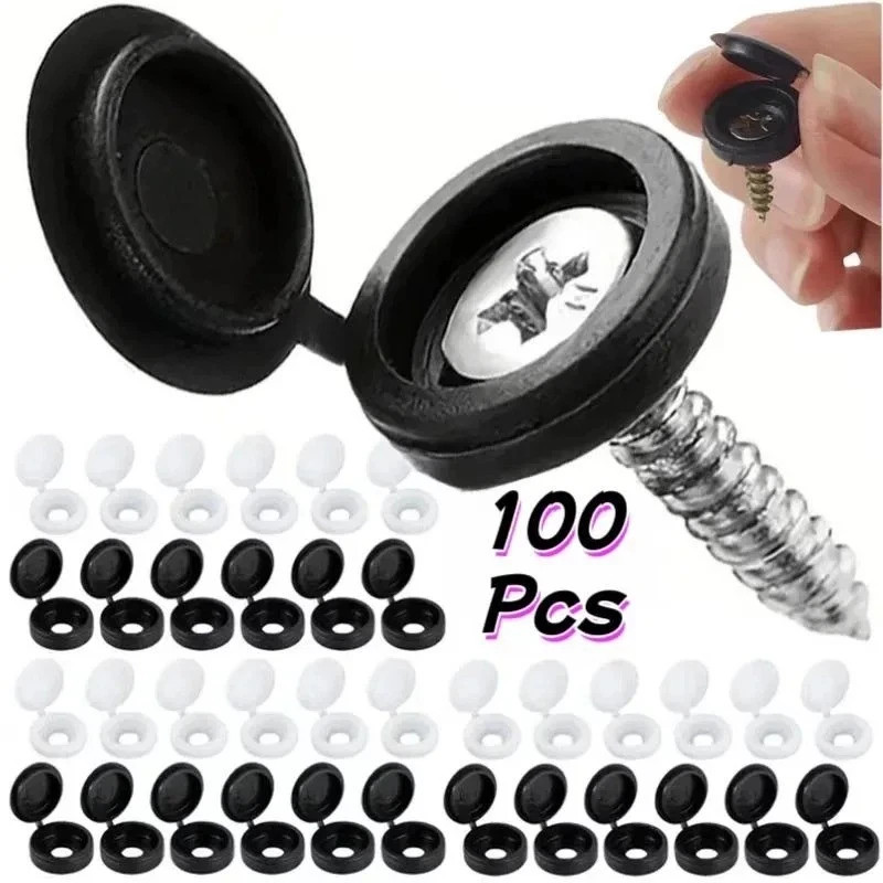100 Pcs Black Hinged Screw Cover Caps – Snap Flip Tops w/ Washers Small