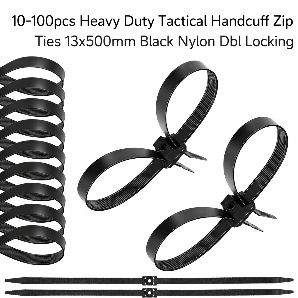 10-100pcs Heavy Duty Tactical Handcuff Zip Ties 13x500mm Black Nylon Dbl Locking