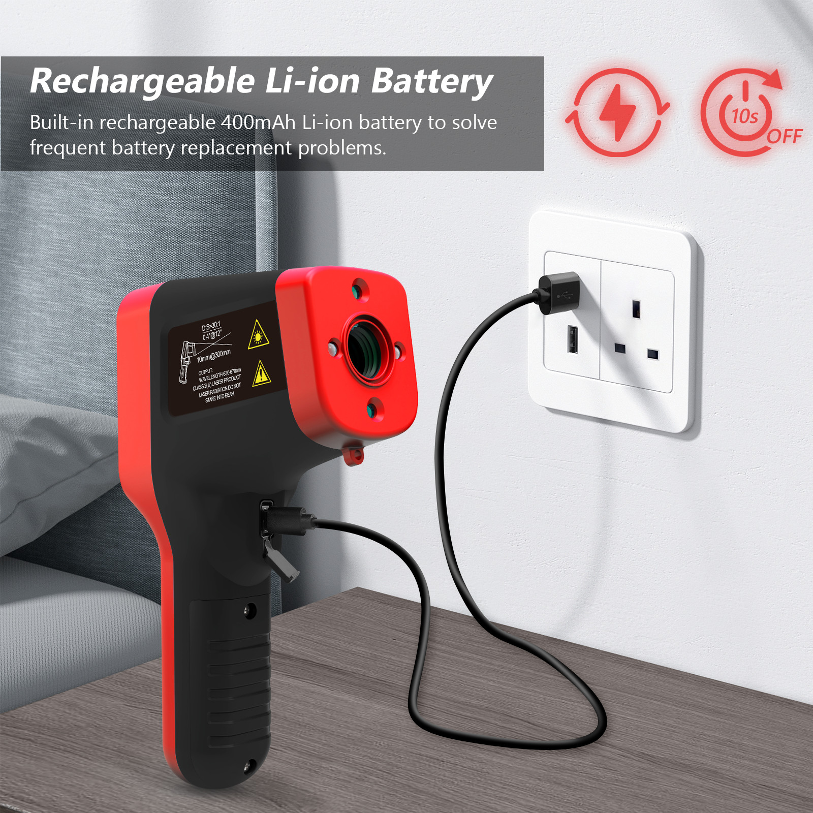 Non-Contact Infrared Laser Thermometer 30:1 -50~1600°C Rechargeable Temp Gun