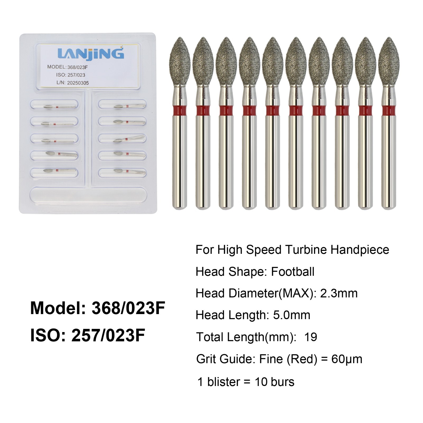 Dental Diamond Football Burs Friction Grip Fine Grit Red High Speed FG 368/023F