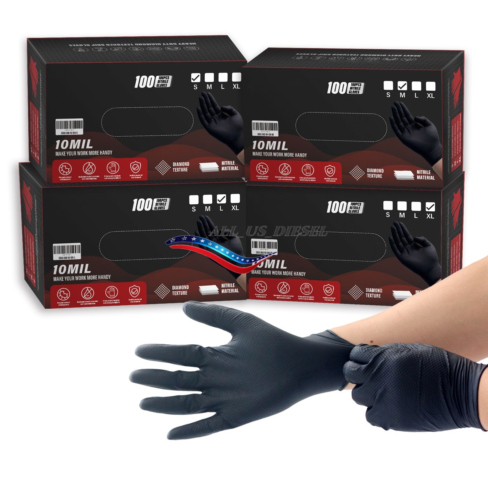 Heavy Duty Grip Nitrile Gloves Raised Diamond Texture 10 Mil 6 Boxes Size XL
