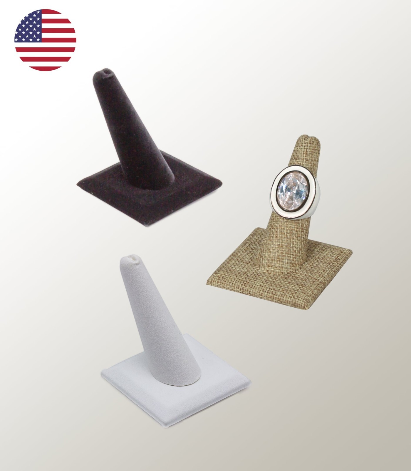 Set Of 3 Finger Ring Display Stand Square Base Ring Stand Black, White, Burlap