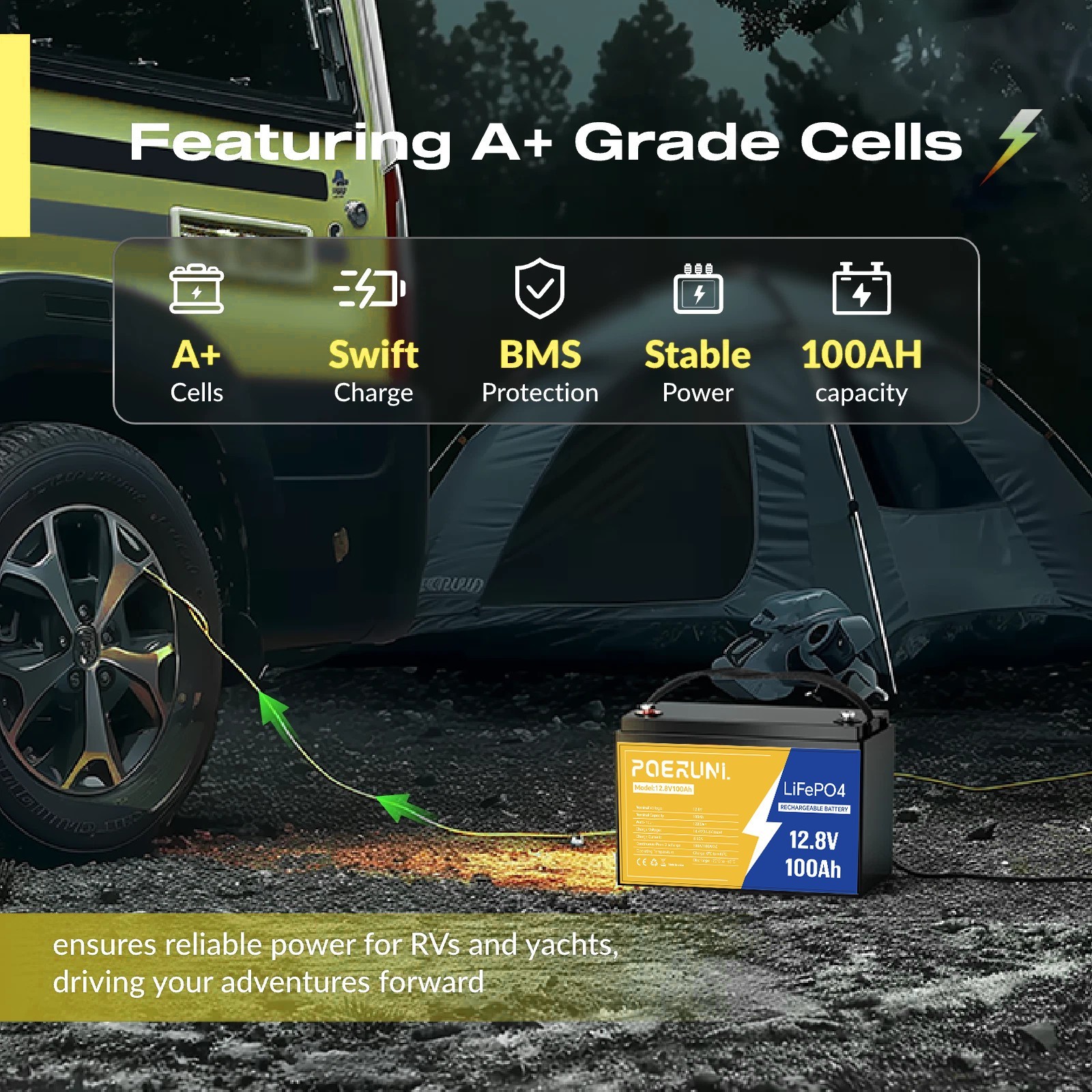 12V 100Ah LiFePO4 Lithium Battery POERUNI Deep Cycles BMS for Solar RV Marine