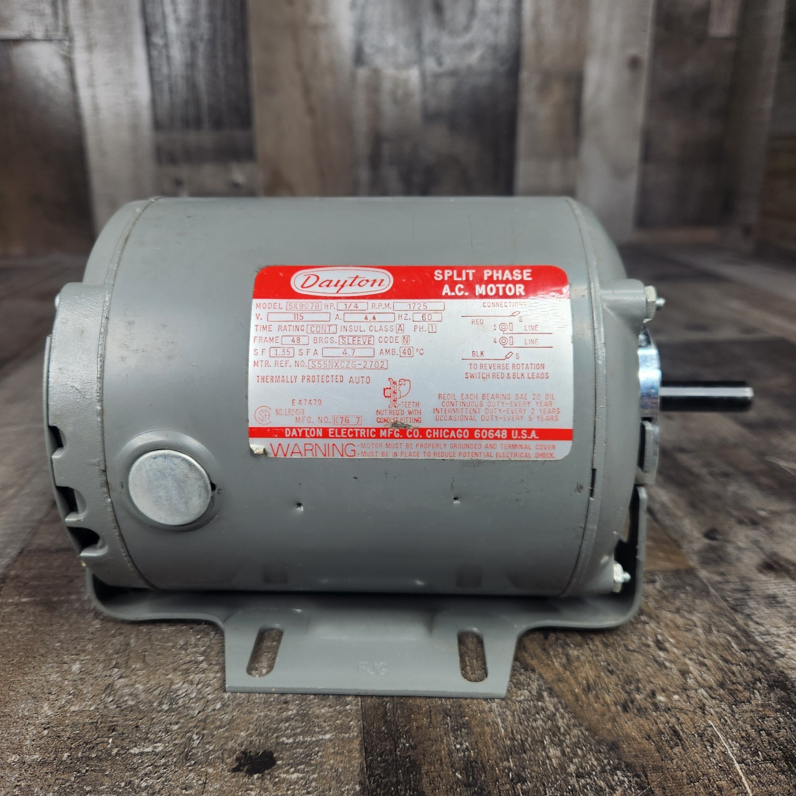 Dayton 5K907 Split-Phase Belt Drive Motor, 1/4 Hp 1725 RPM 115V Ac Voltage