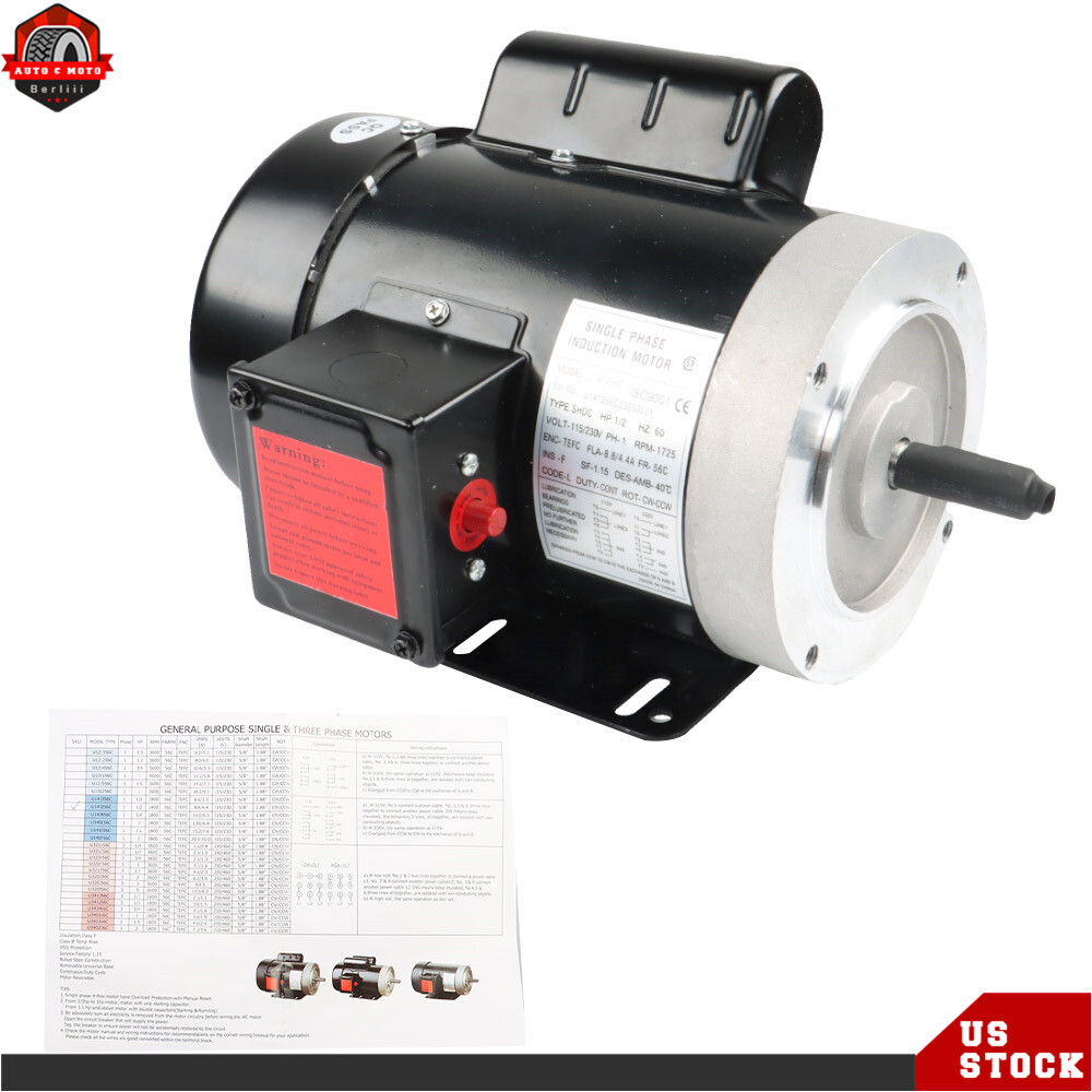1/2HP 56C 1750RPM General Purpose Electric Motor 1Phase TEFC 60HZ 1.88” Shaft