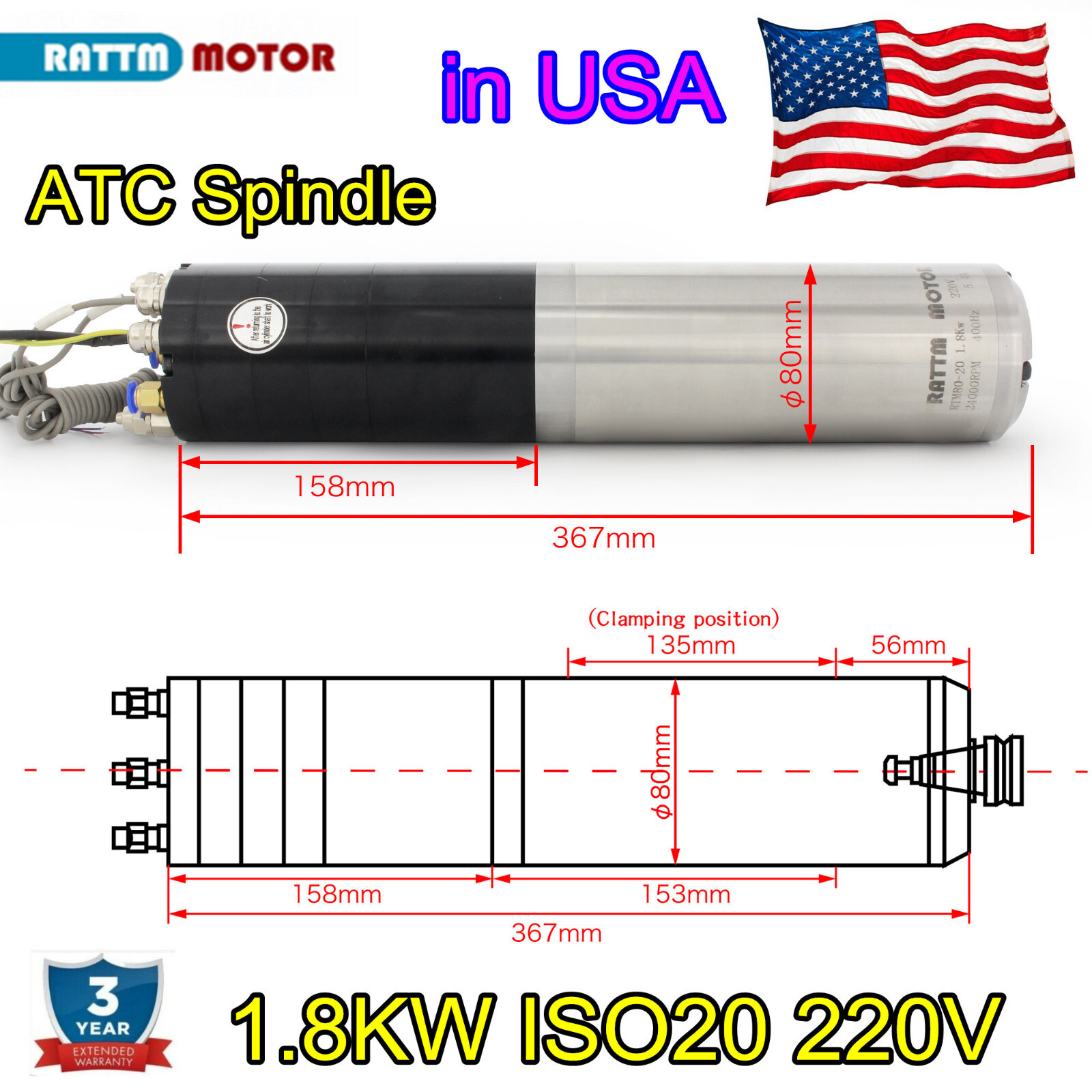 1.8KW ATC Water cooled Spindle Motor ISO20 80mm 24000rpm 400hz 220V CNC Milling