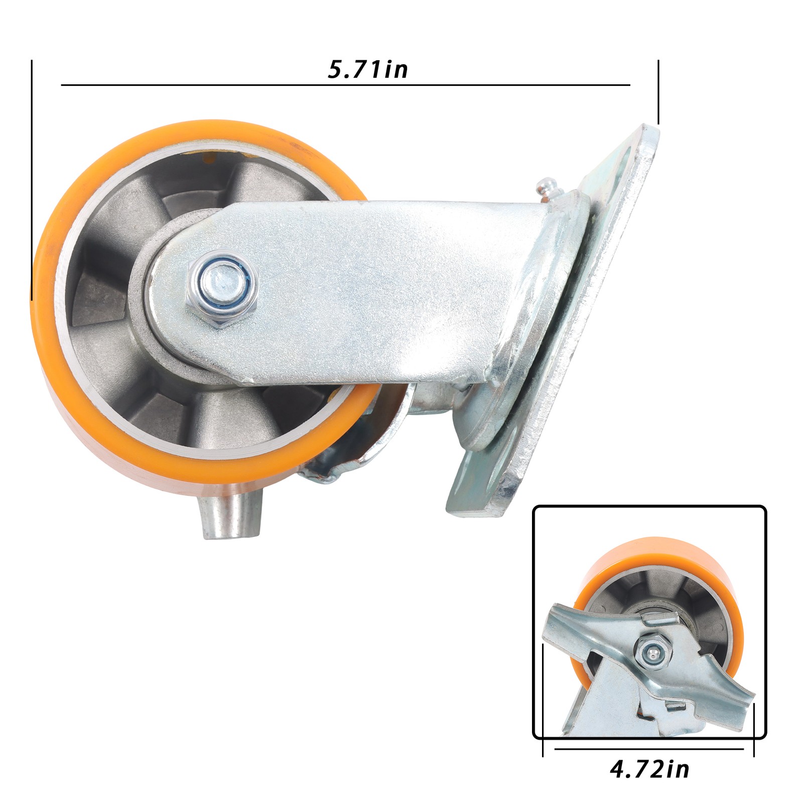 4″ Side Brake Polyurethane Plate Casters, 3200 Pounds, Silver + Qrange, 4 Pieces