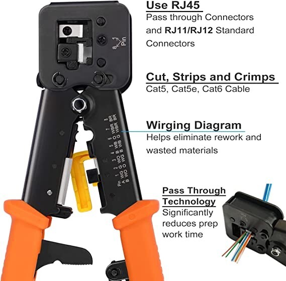 RJ11 RJ12 RJ45 Crimp Tool Pass Thru Cat5 Cat5e Cat6 Cutter Crimper Tool