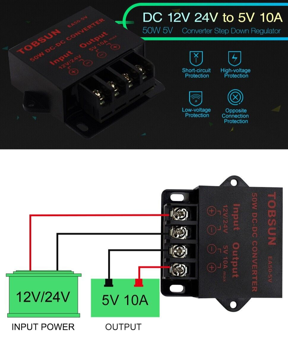 DC 12V/24V to DC 5V 10A 50W Power Converter Step Down Buck Voltage Regulator