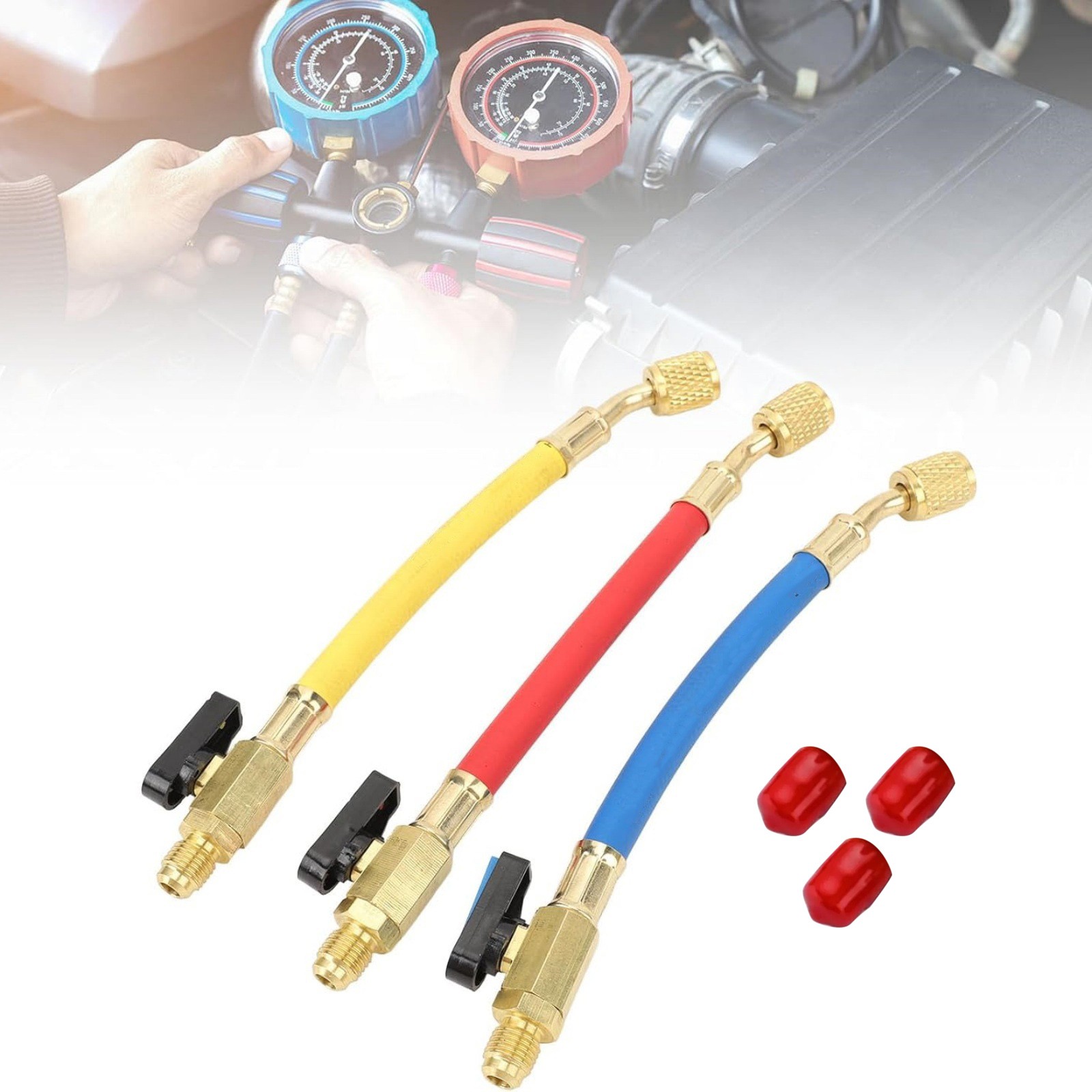 3pcs/set For R134A R410A R22 R12 Refrigerants Ball Valves Hose(Red/Yellow/Blue)