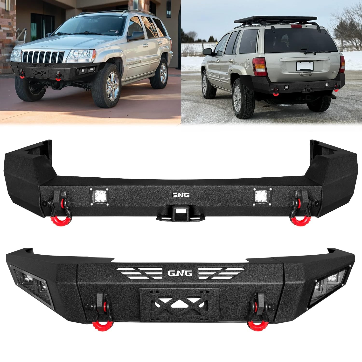 Black F&R Bumpers 1999-2004 Grand Cherokee WJ 12K lb Winch Plate D-Rings Lights