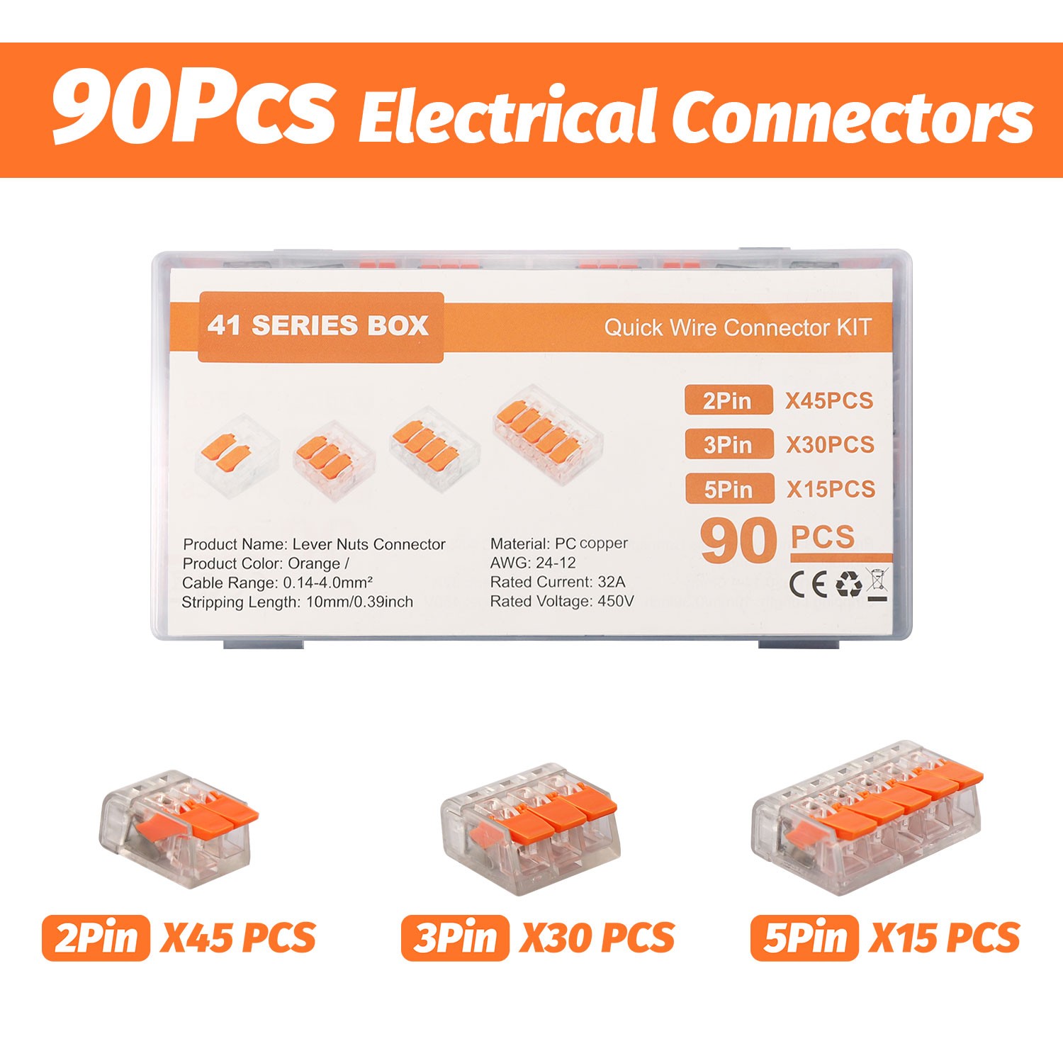 90Pcs For Wago 221 Lever Nuts Compact Splicing Wire Connectors – 2/3/5 Terminal
