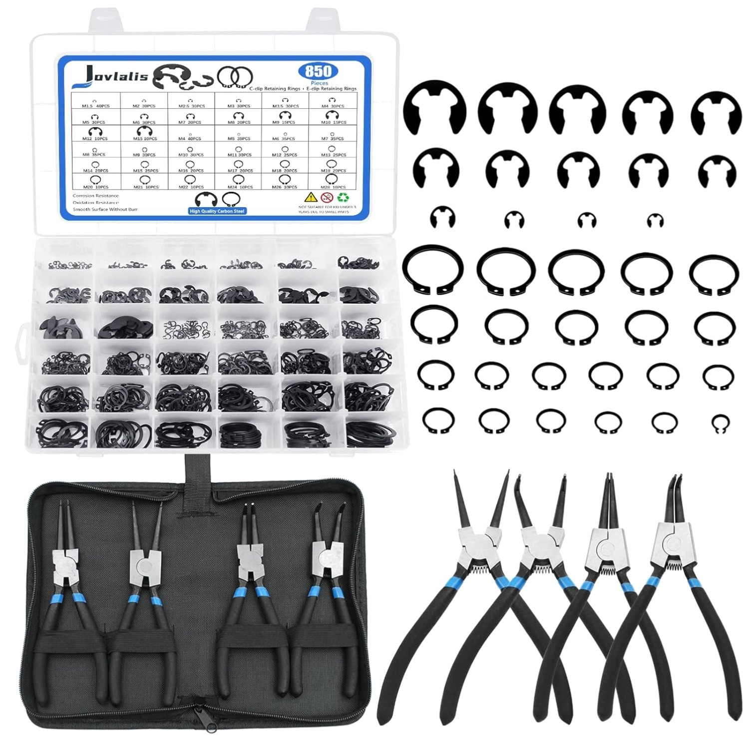 Durable 850-Piece Snap Rings Kit with High-Quality Pliers for All Applications