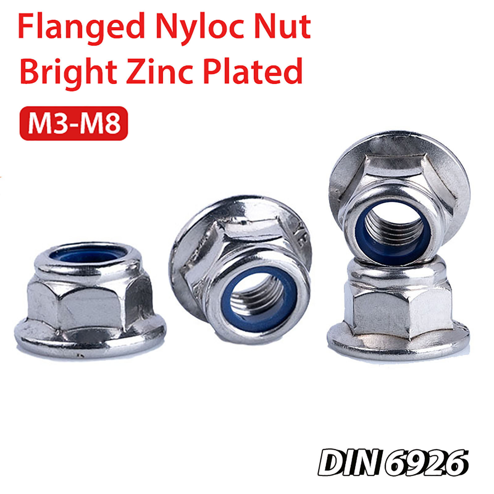 M3 M4 M5 M6 M8 Flanged Nyloc Nut Insert Locking Nuts Steel BZP DIN 6926