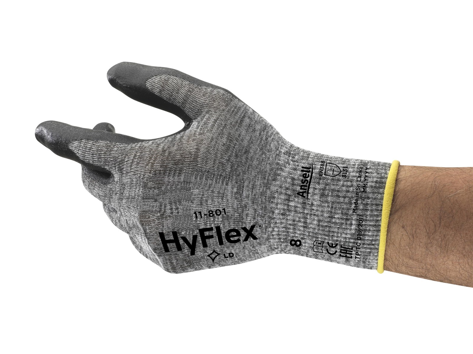 Ansell HyFlex 11-801 Nylon Glove, Black Foam Nitrile Coating, Knit Wrist Cuff, L