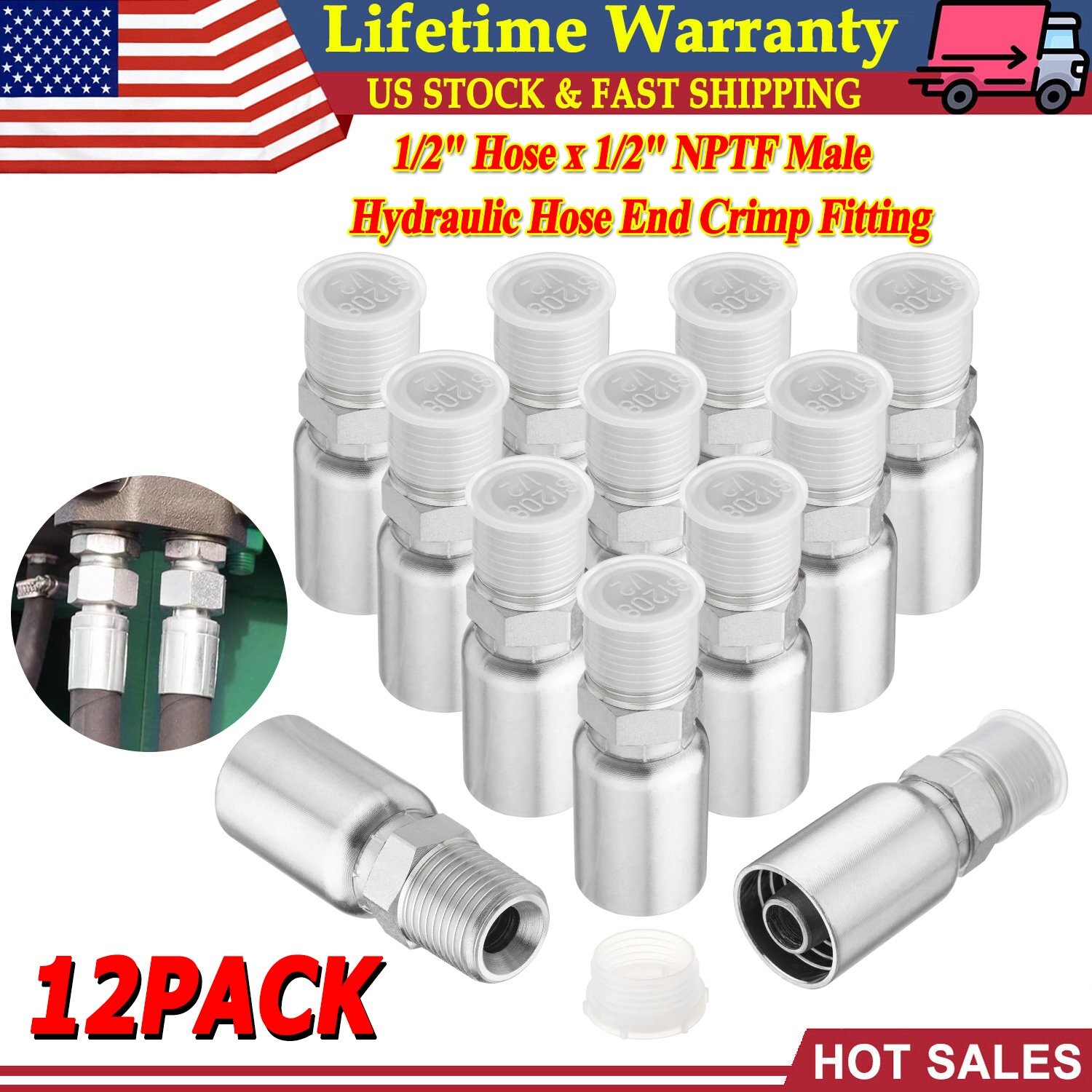 12pcs 1/2″ NPTF Hydraulic Hose End Fittings, 1/2″ I.D. Hose x 1/2″ NPTF Male A++