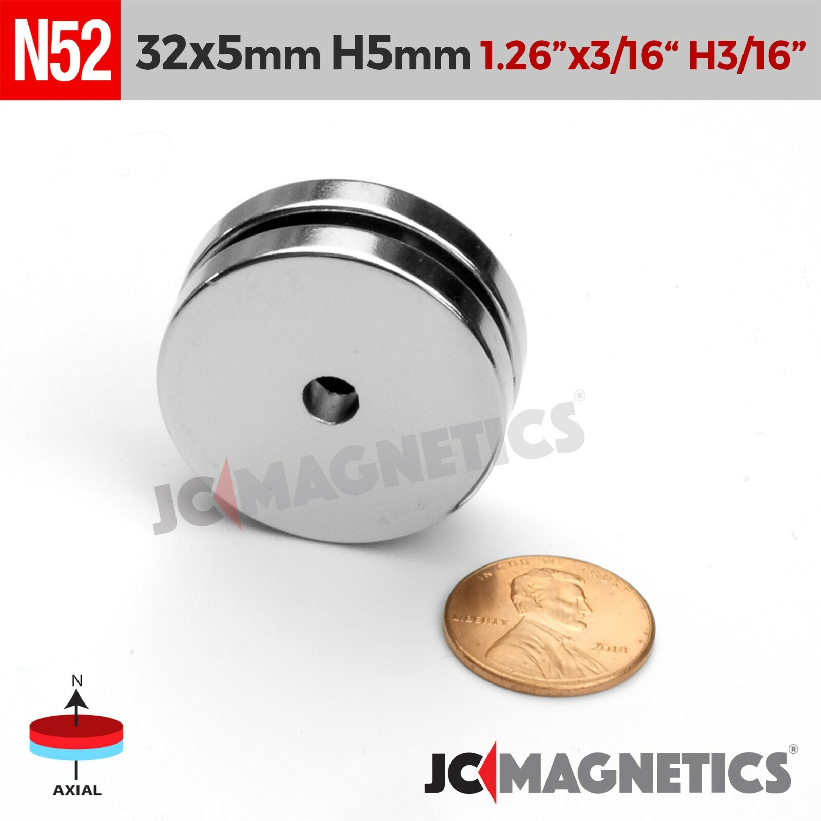 2pcs 32mm x 5mm Hole 5mm N52 Rare Earth Neodymium Magnet Ring Disc 1 1/4″x3/16″