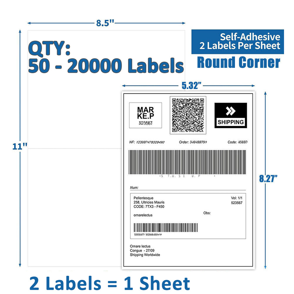 8.5″x5.5″ Half Sheet Shipping Mailing Labels Round Corner Adhesive 2 per Sheet