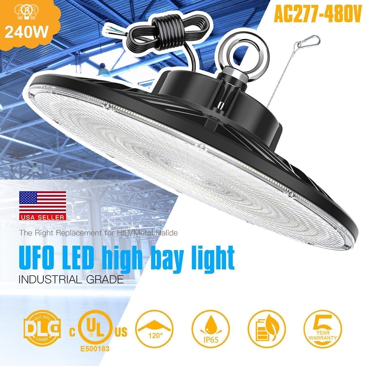 240W 36000LM Commercial UFO LED High Bay Lights 277-480V Stadium Area Lighting