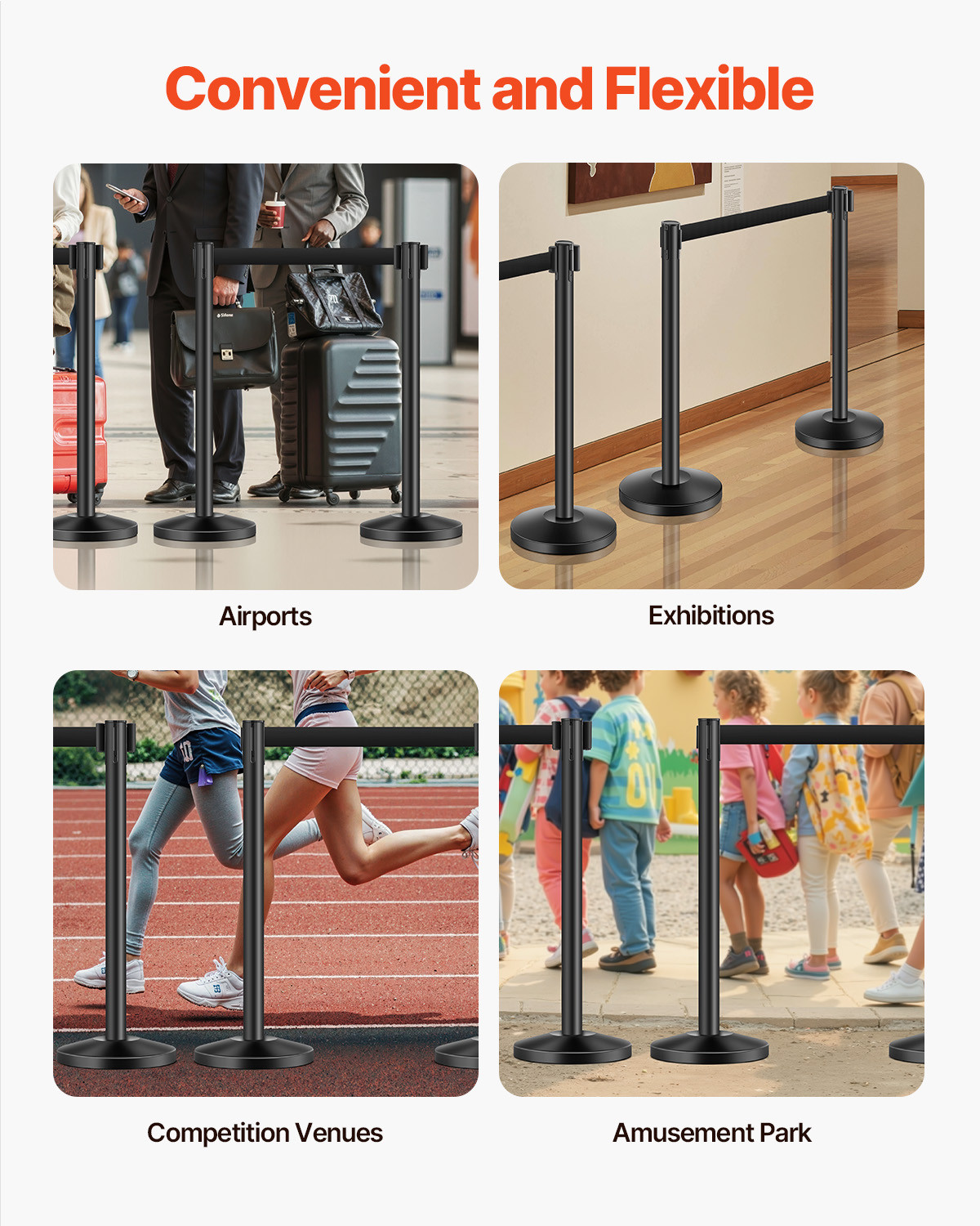 4 Pcs Stanchion Post with 4 Retractable Belts & Sand Injection Hollow Base