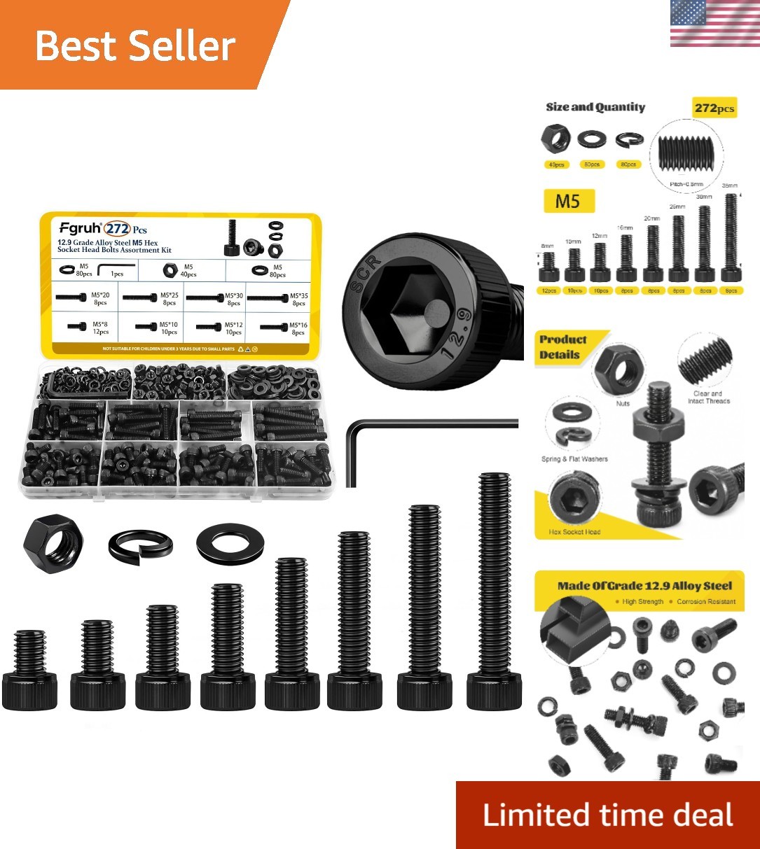 272PCS M5 Screws, Nuts & Washers Set – Hex Socket Head Cap Bolts Assorted