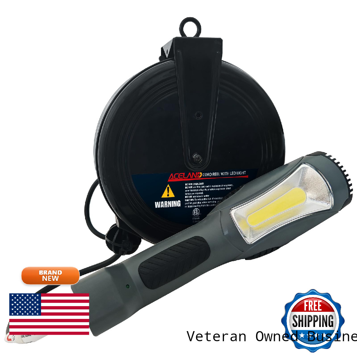 Aceland Portable Corded Led Work Light 30 Feet Retractable Cord Reel 1600