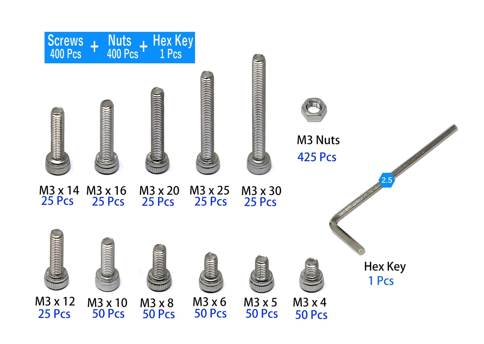 iexcell 850 Pcs M3 x 4/5/6/8/10/12/14/16/20/25/30 Stainless Steel 304 Hex Socket