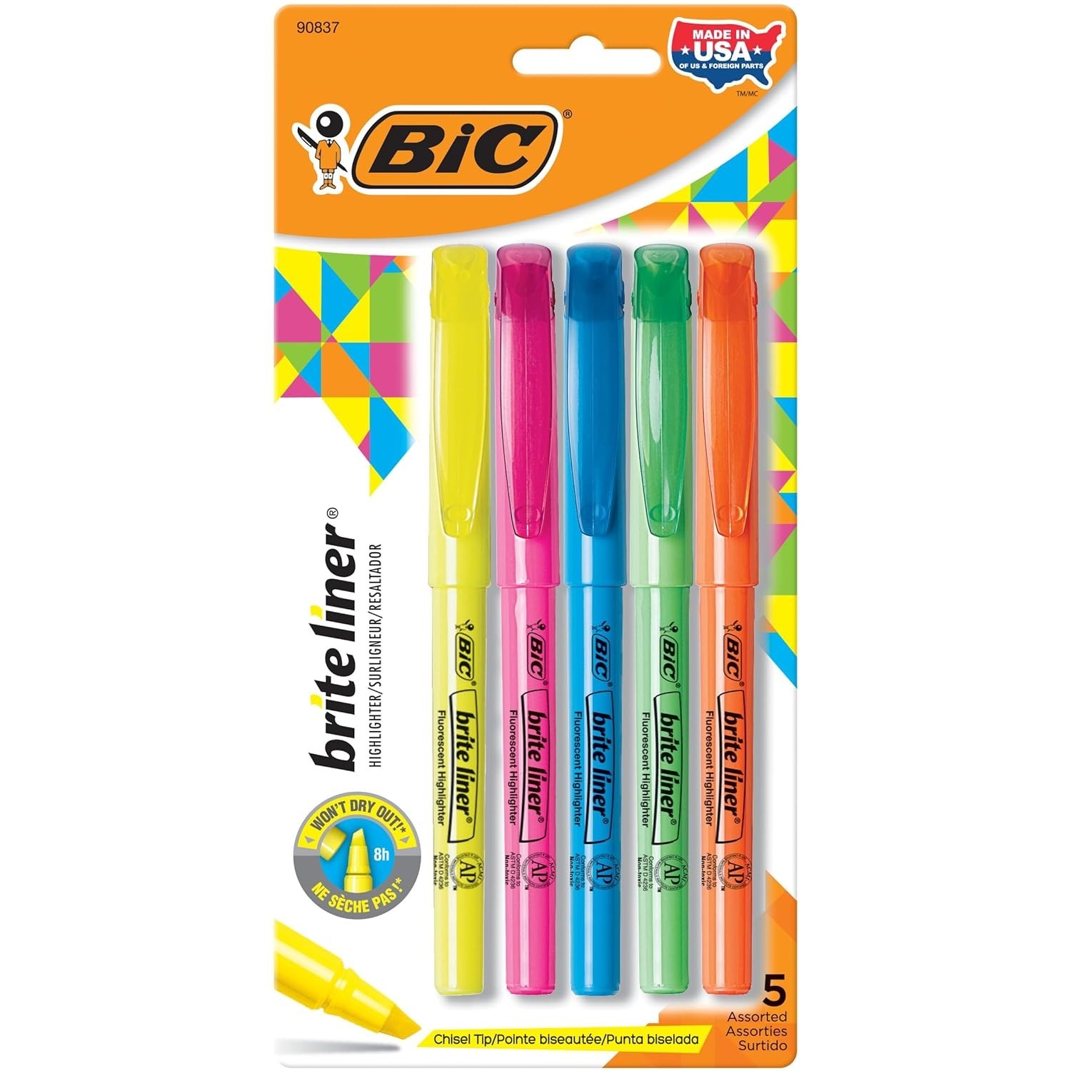 Brite Liner Highlighters, Chisel Tip, 5-Count Pack of Highlighters Assorted