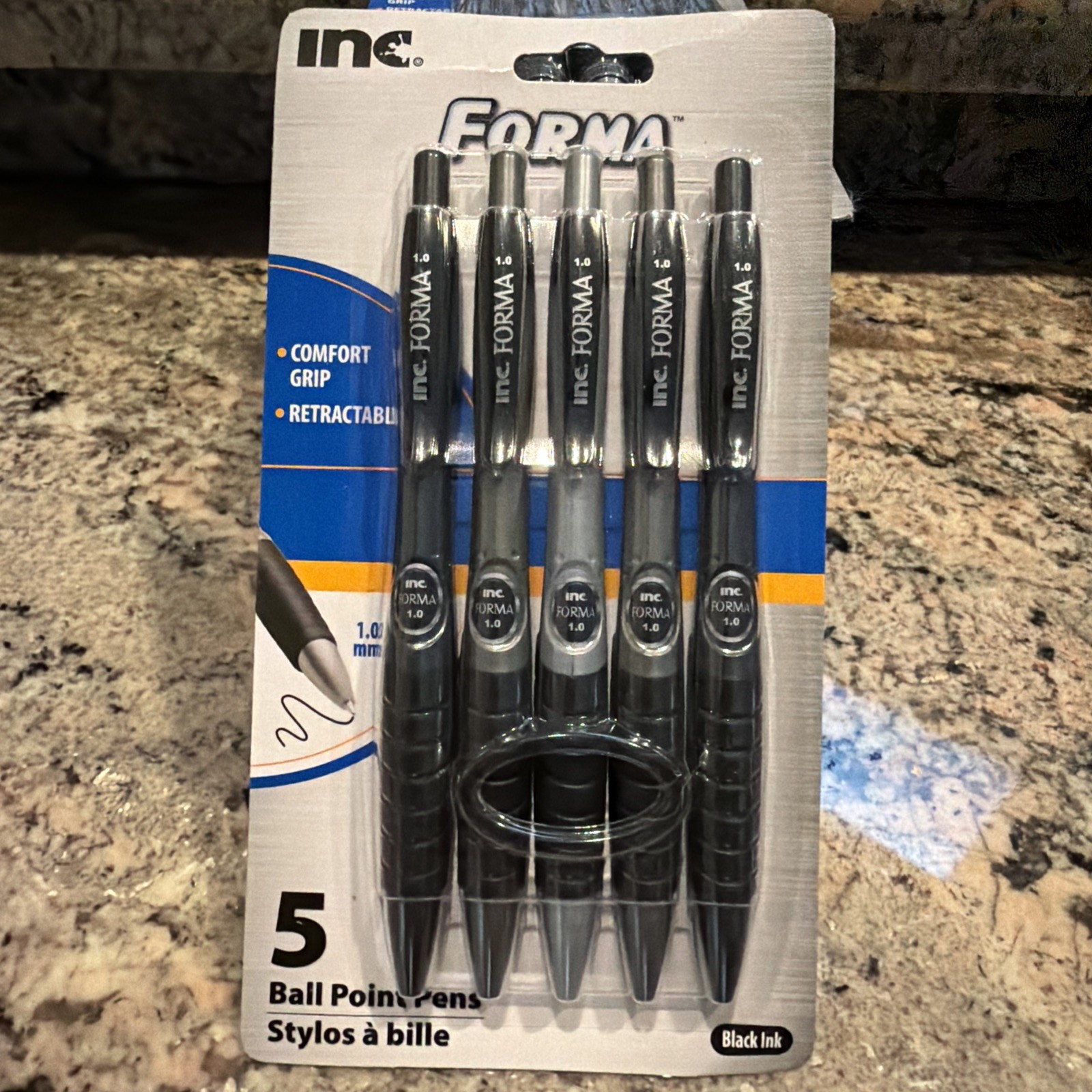 INC FORMA 5pk BLACK Ink Ball Point Pens Retractable 1.0 mm Comfort Grip Barrel