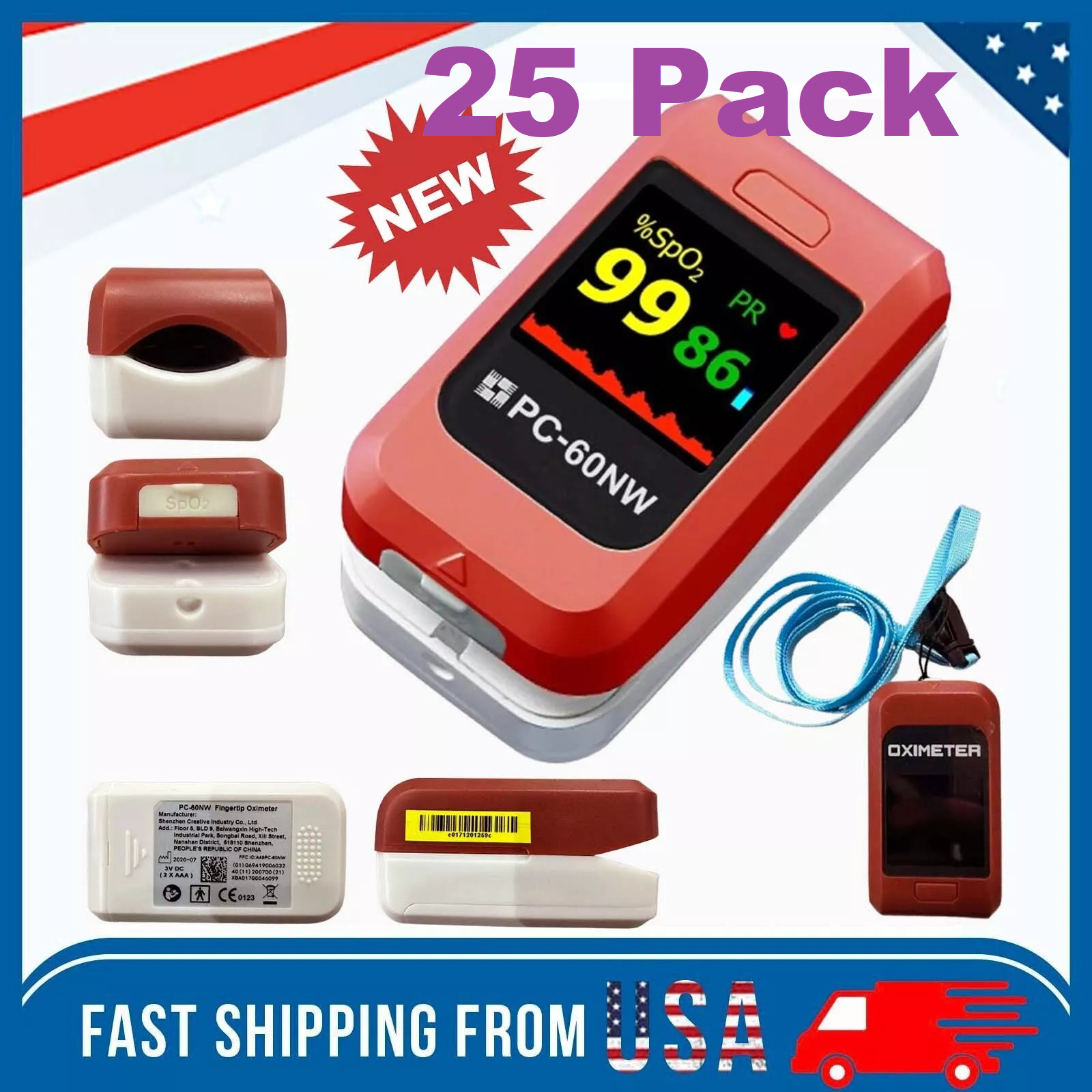 25 Pack Fingertip Pulse Oximeter Blood Oxygen Meter SpO2 PR Heart Rate Monitor