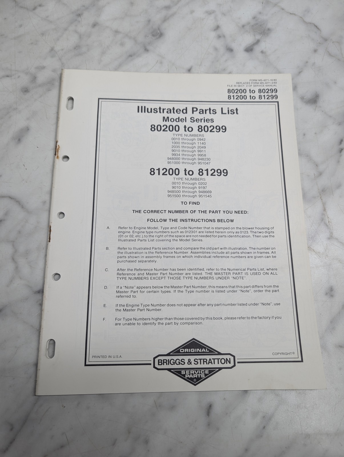 BRIGGS STRATTON 80200 TO 80299 81200 81299 ILLUSTRATED PARTS LIST MANUAL 1983