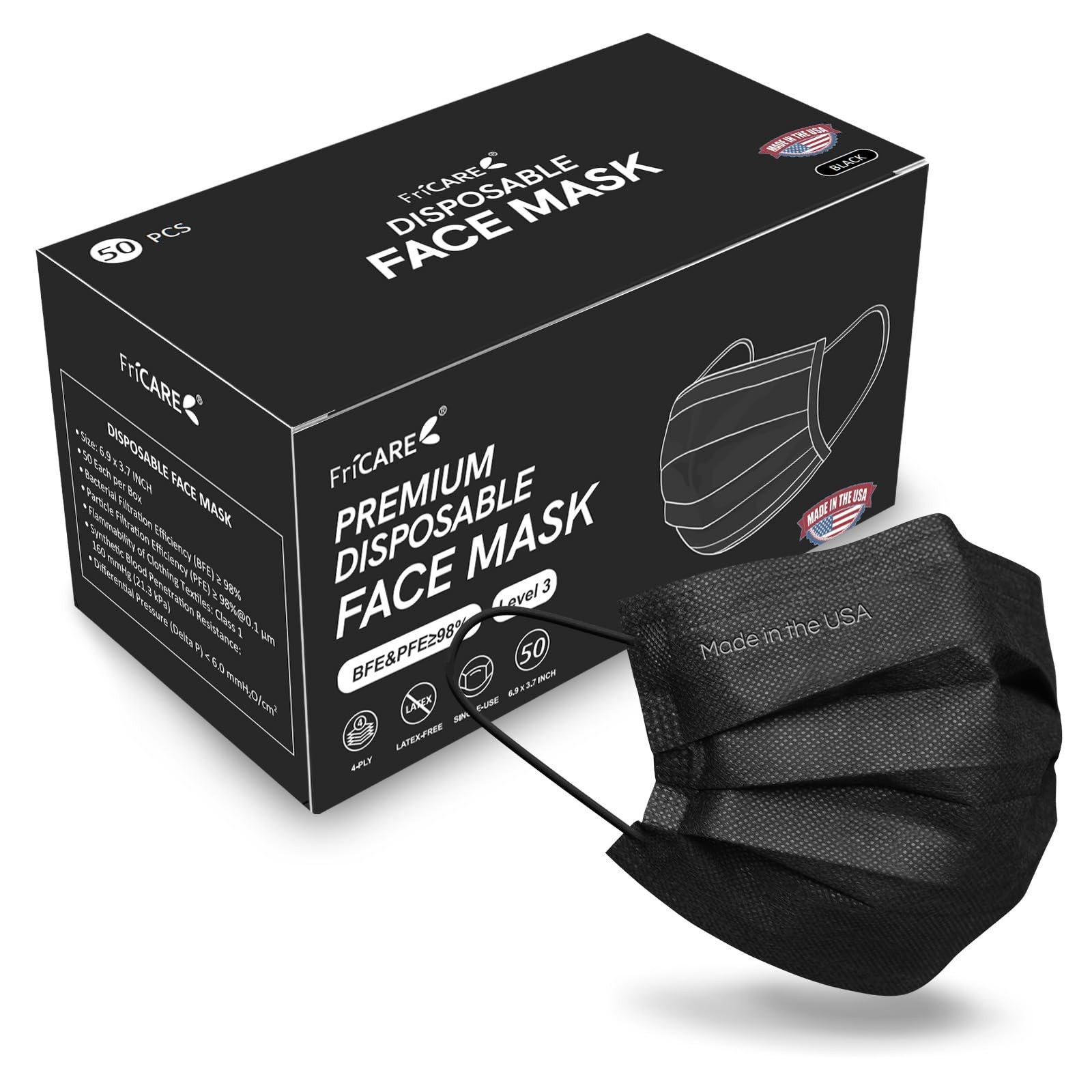 FriCARE Made in USA Disposable Face Masks, 4-Ply 1 Count (Pack of 50), Black