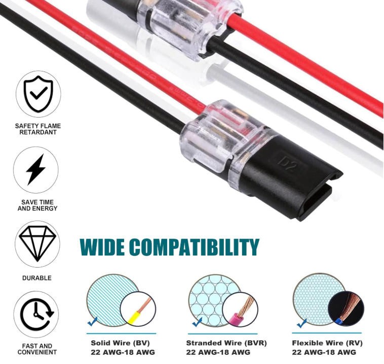 2-4way Led Quick Connector Splitter 2Wire Plug-in Cable Clamp Buckle AWG18-22
