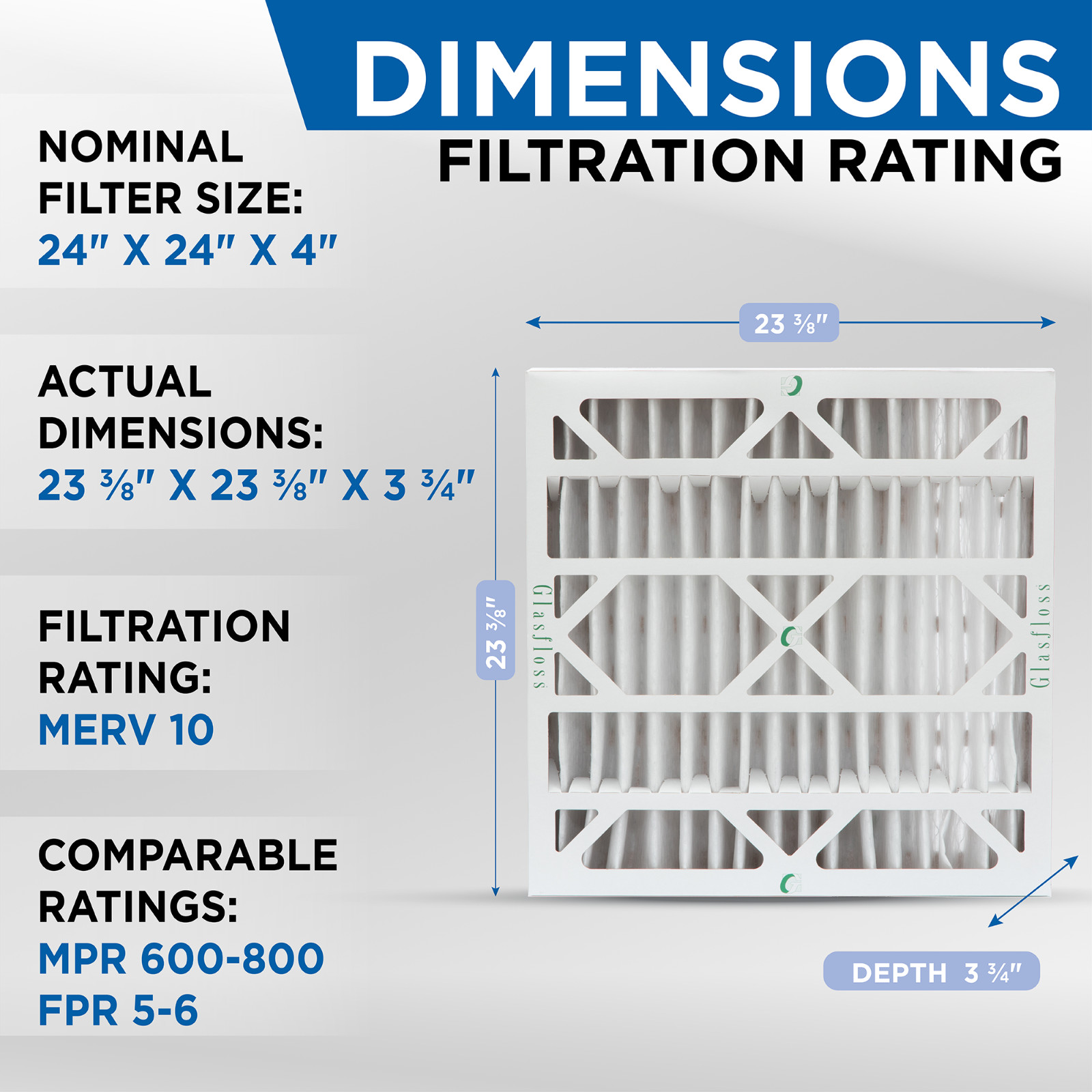 24x24x4 MERV 10 AC Air Filters. 6 PACK. Actual Size: 23-3/8 x 23-3/8 x 3-3/4