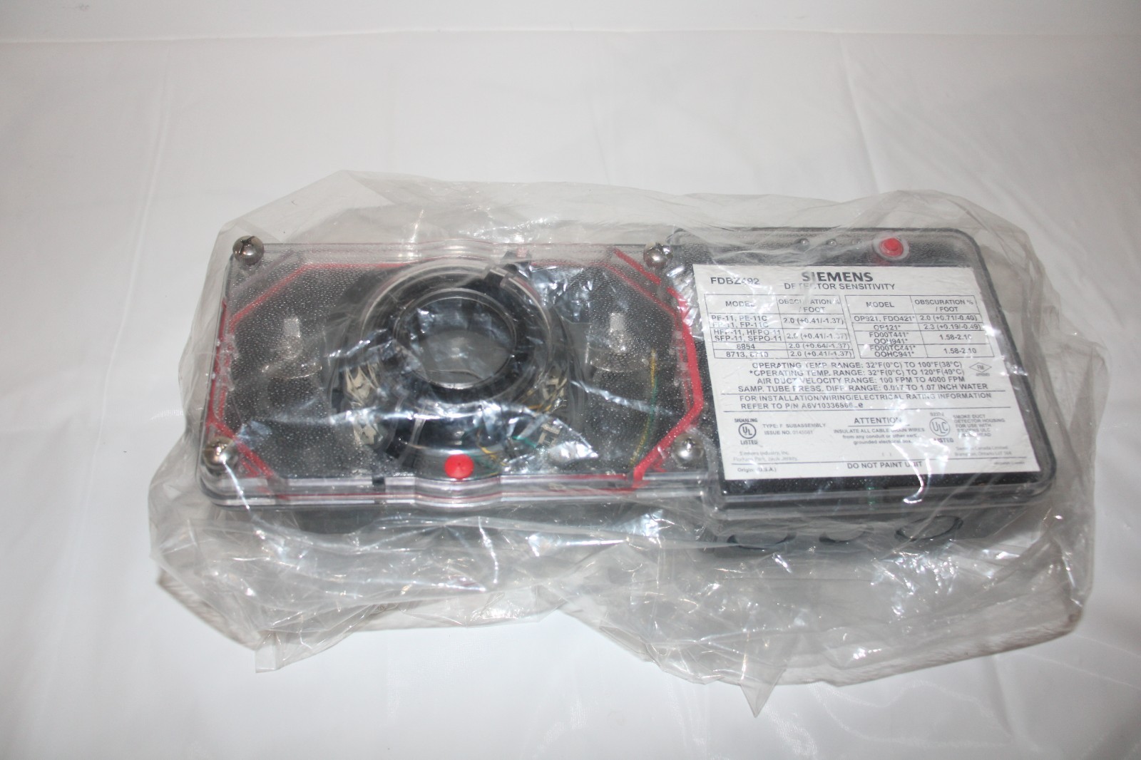 Siemens FDBZ492 Duct Smoke Detector Sensitivity NEW