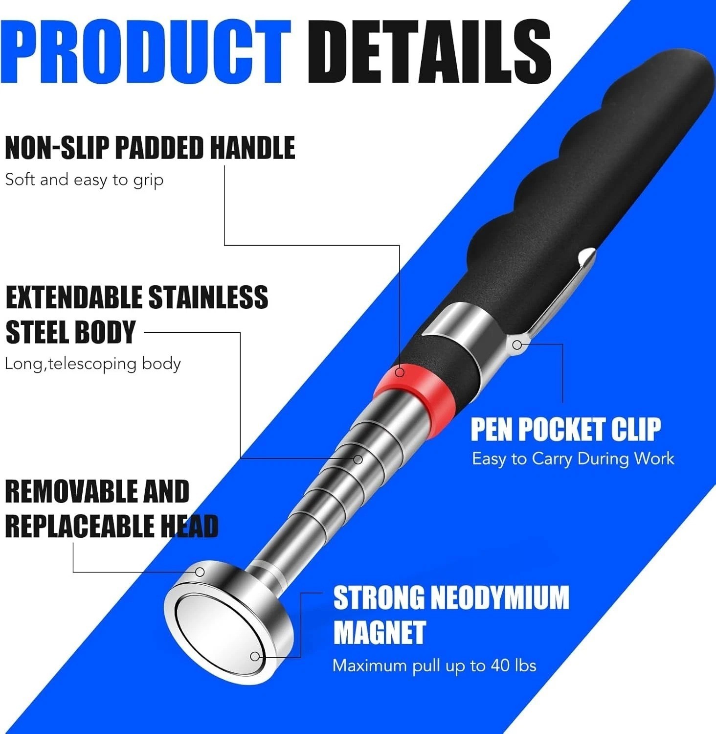 2PCS Magnetic Pickup Tool 30in Telescoping 40lb Pull Strong Magnet Stick Extenda