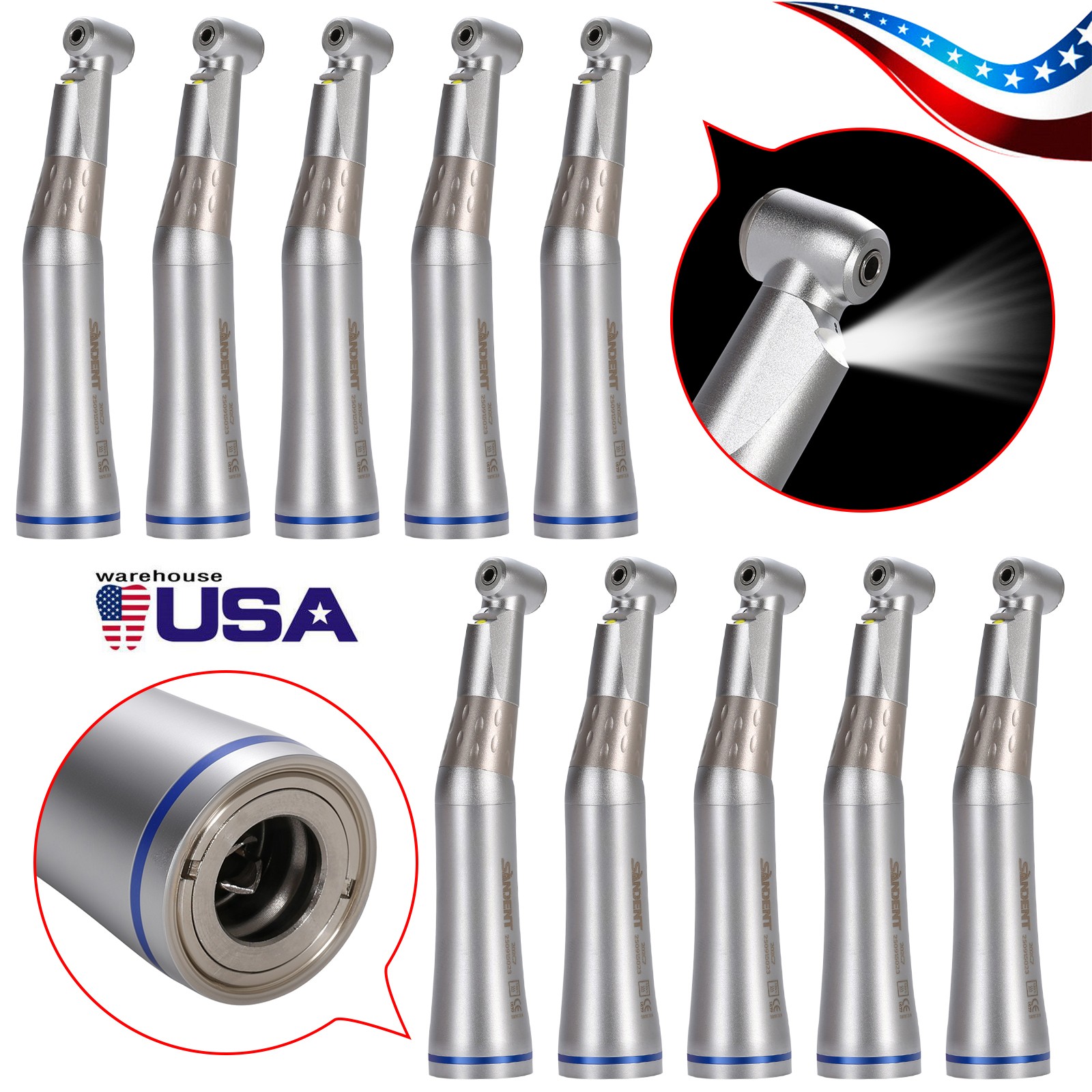 10PCS Dental 1:1 LED E-generator Handpiece Low Speed Contra Angle Internal Spray