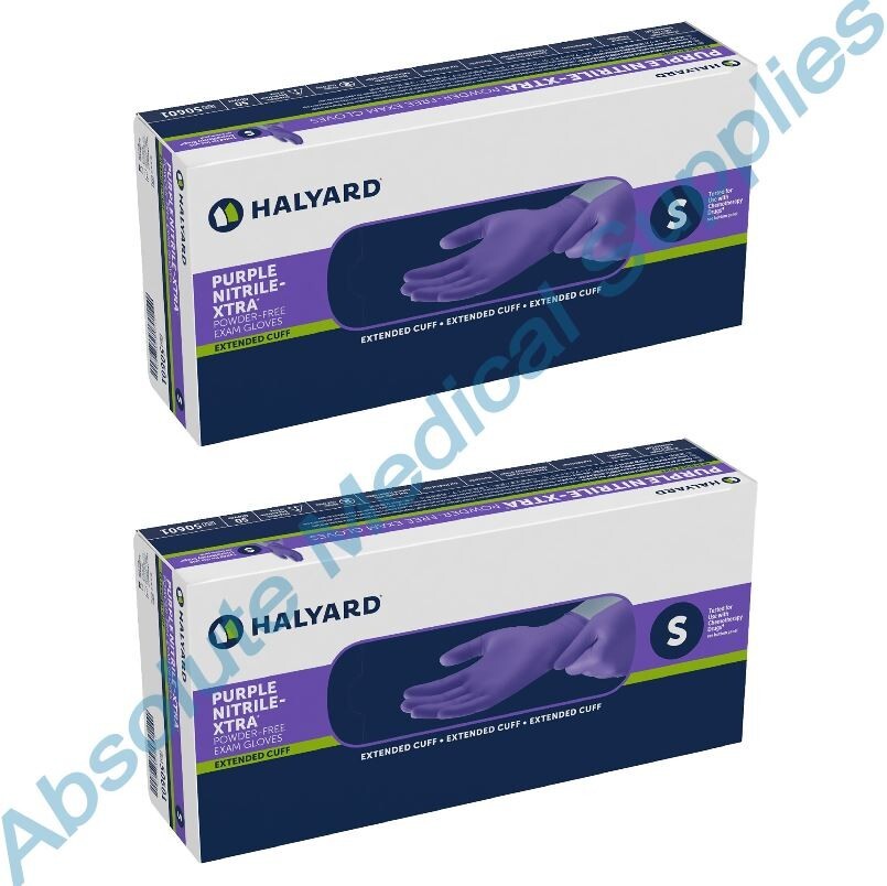 *100-Gloves* Halyard Purple Nitrile-XTRA PF Exam Extended Cuff 12″ Small 50601