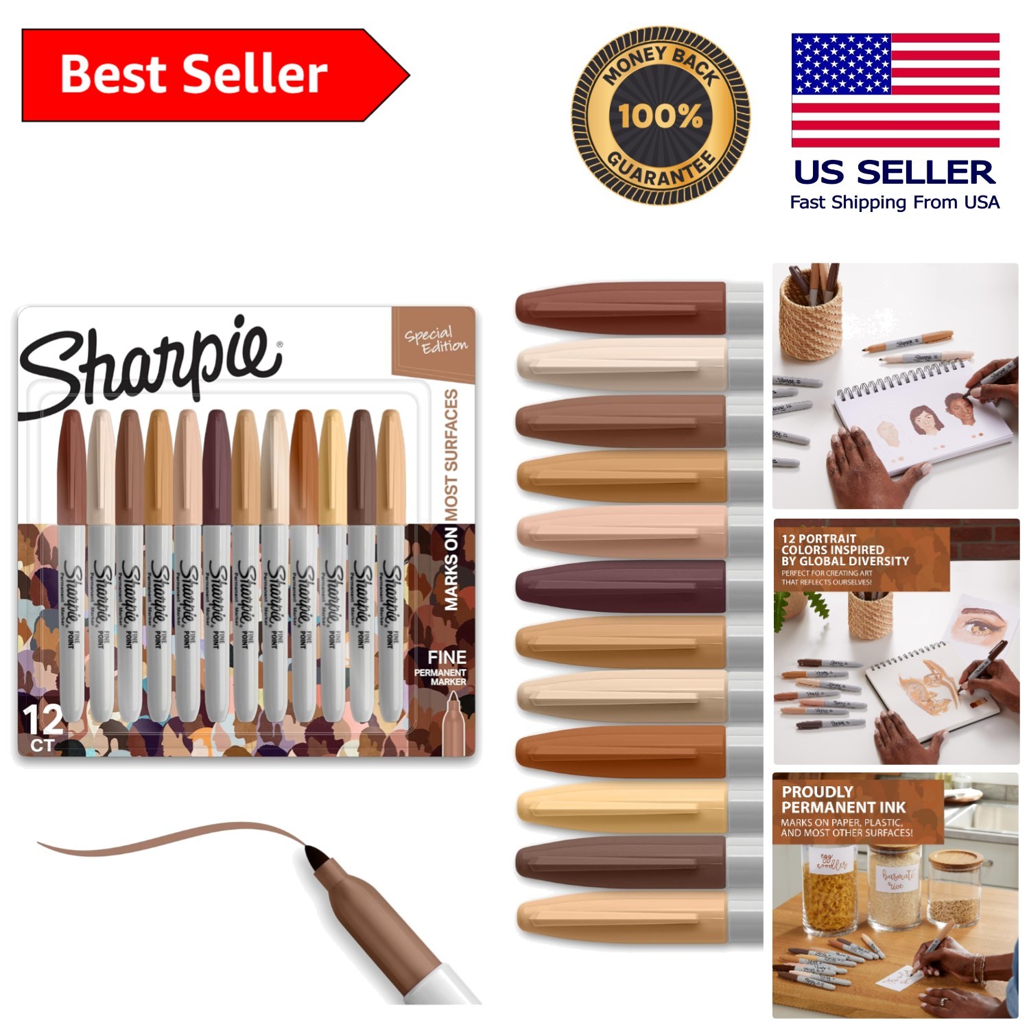 Special Edition Fine Point Permanent Markers – 12 Assorted Skin Tone Shades