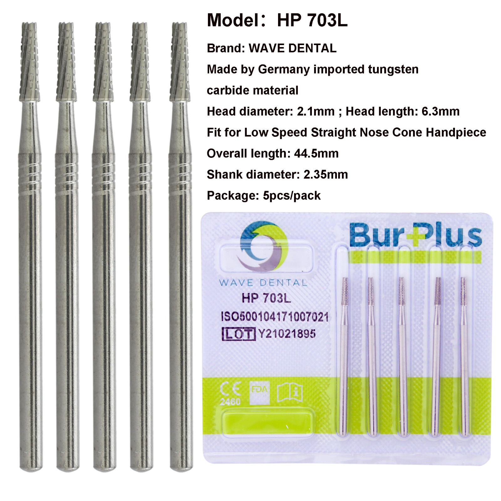 Wave Dental Surgical Burs For Straight Handpiece Taper Fissure Carbide HP 44.5mm
