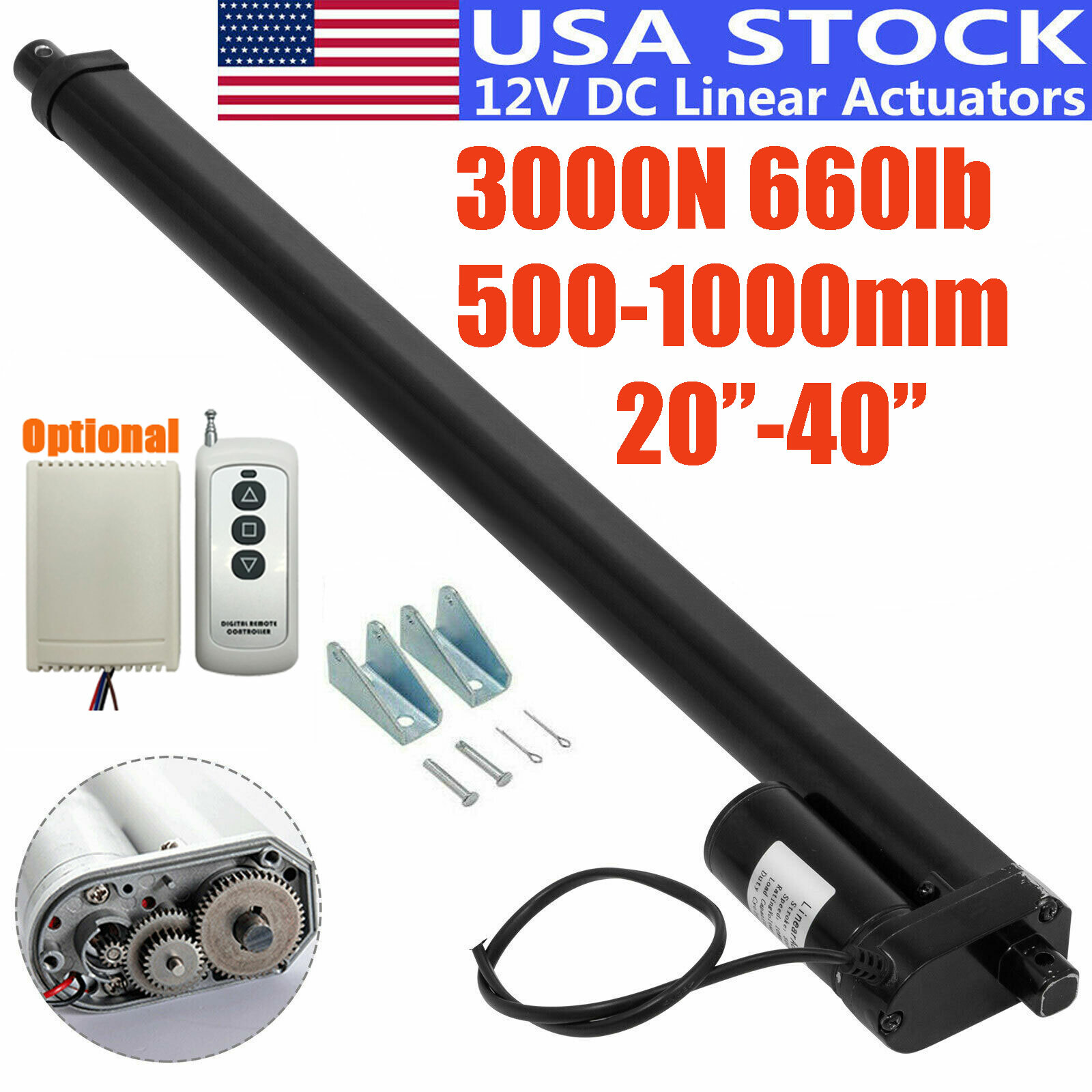 DC12V 3000N 660lb Linear Actuator Long Stroke 50-1000mm 2″ – 40” IP65 Waterproof