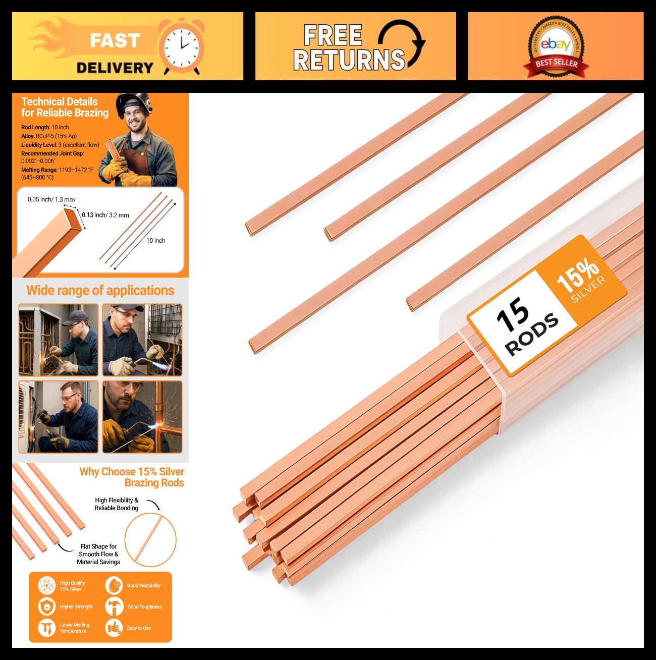 15pcs Silver Brazing Rods 15% Phos Copper Alloy Flat Welding 0.050″x1/8″x10″ HVA