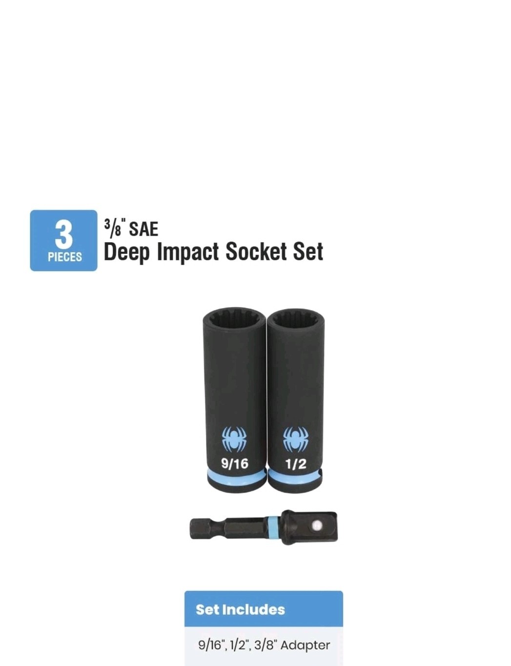 NIP Spyder 3-Piece 3/8-Inch Drive Deep SAE Impact Socket Set w/Adapter. # 19710